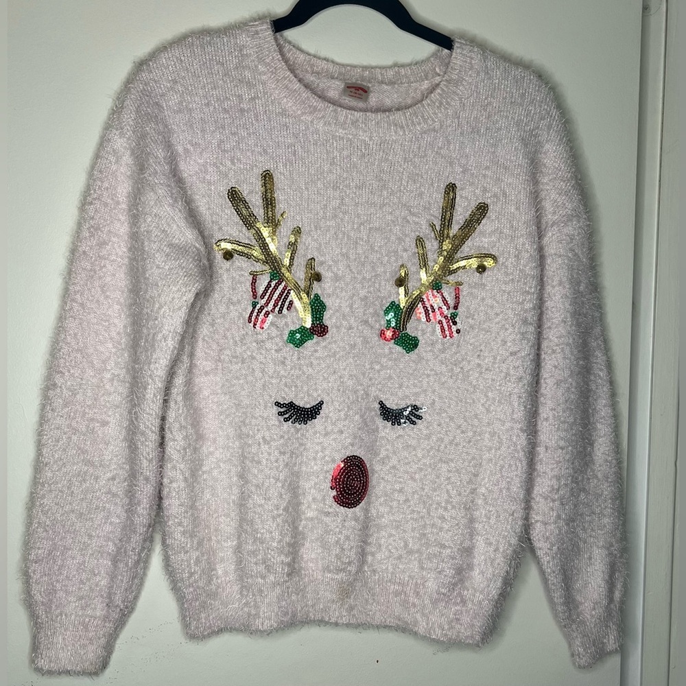 Holiday Time pink Reindeer Sweater with Gold Accents